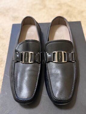 Salvatore Ferragamo Black Leather Bit-Accent Slip-On Loafers